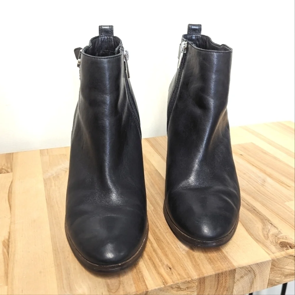 Coach Black Leather Ankle Boots Wood Block Heel 10 Zipper Faux Buckle Logo